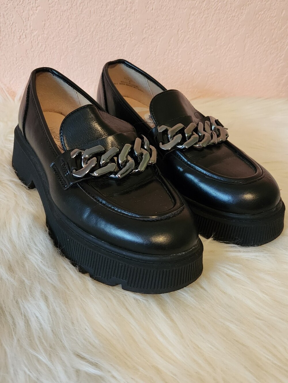 Limelight Black Platform Faux Leather Lug Sole Loafers with Silver Chain 8
